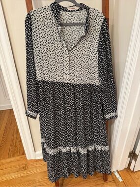 Louche Black & White Floral Long-Sleeve Tiered Midi Dress